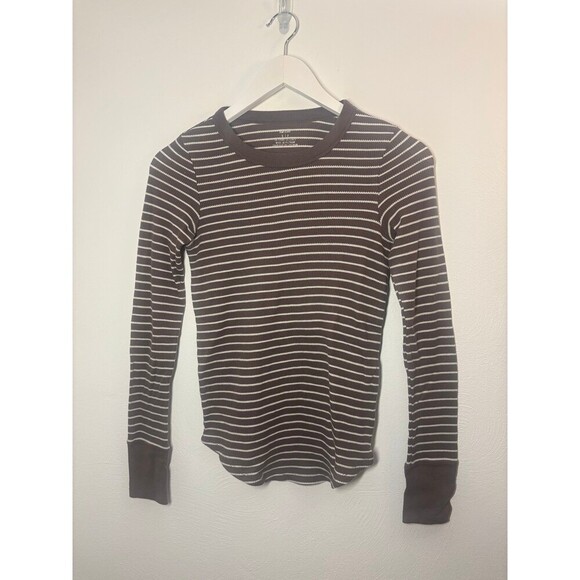 aerie Tops - Aerie Ribbed Brown & White Stripe Crew Neck Long Sleeve Shirt Size Small